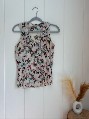 Sleeveless Butterfly Ruffle Blouse - Ivory with Multicolor Print
